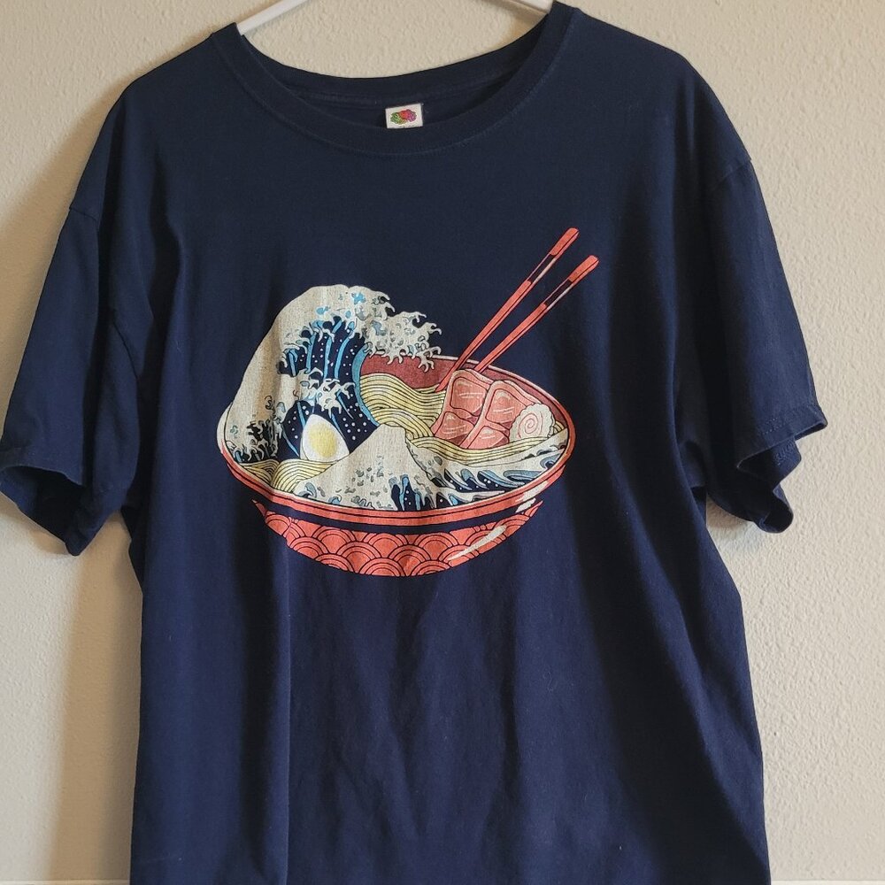 The Great Wave Ramen T-Shirt Navy Blue Fruit of the Loom HD Cotton Large